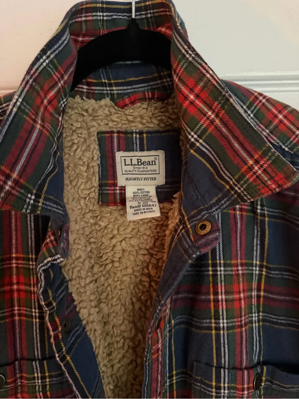 L.L. Bean Men's Navy and Red Plaid Sherpa-Lined Shirt Jacket